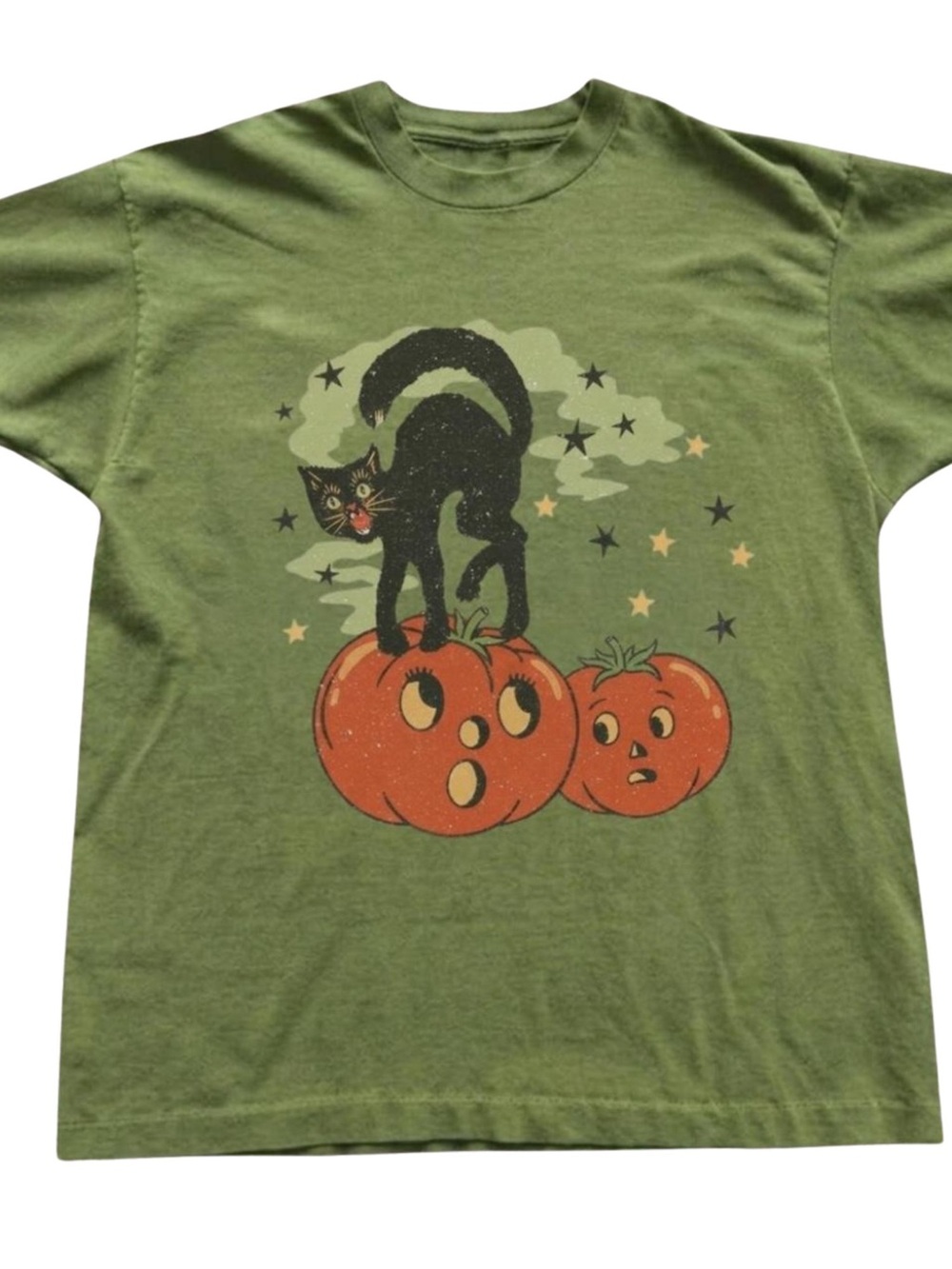 Gildan Olive Green Tee with Black Cat & Orange Pumpkins Graphic, Gift
